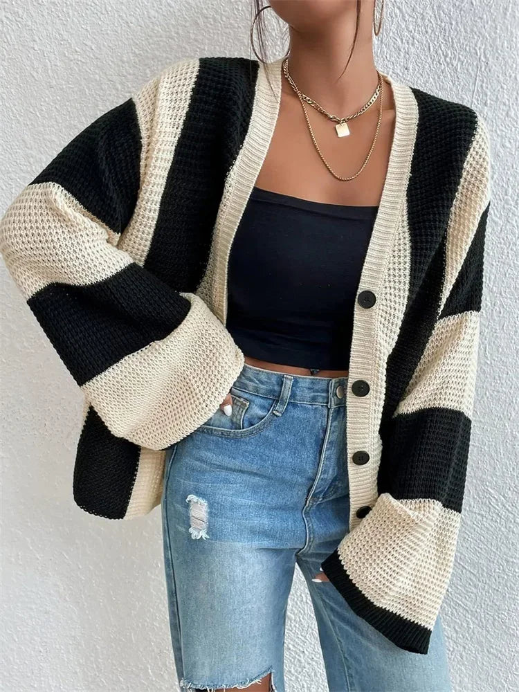 Tossy Hollow Out Contrast Fashion Cardigan Sweater Knitwear Women Loose Long Sleeve High Street Outwear Patchwork Female Coat