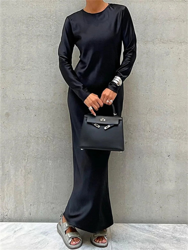 Tossy Hollow Out Satin Fashion Maxi Dress Female High Waist Slim Scoop Neck Long Sleeve Dress Solid Zipper Party Dress Summer