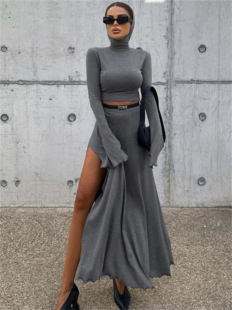 Tossy Hoodie Long Sleeve Pullover 2 Piece-Set Maxi Skirt Female Patchwork High Waist Long Skirt Sets Summer Women Outfits 2024