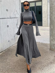 Tossy Hoodie Long Sleeve Pullover 2 Piece-Set Maxi Skirt Female Patchwork High Waist Long Skirt Sets Summer Women Outfits 2024