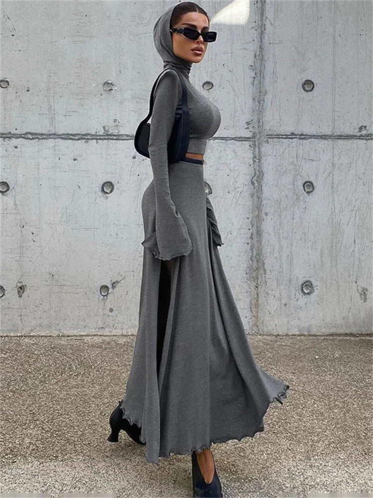 Tossy Hoodie Long Sleeve Pullover 2 Piece-Set Maxi Skirt Female Patchwork High Waist Long Skirt Sets Summer Women Outfits 2024