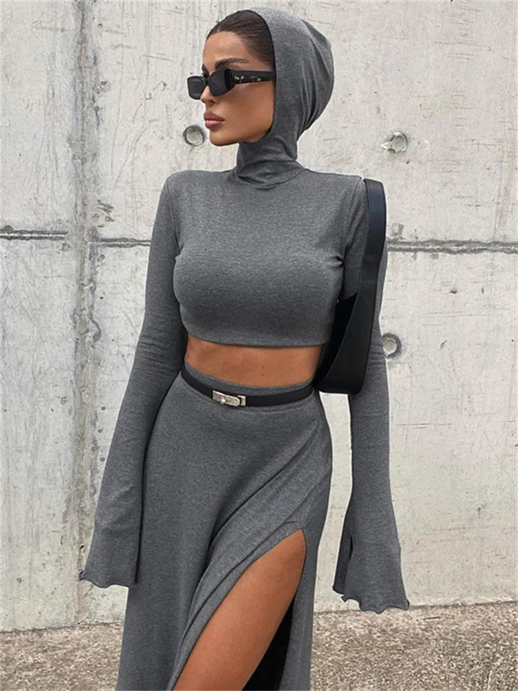 Tossy Hoodie Long Sleeve Pullover 2 Piece-Set Maxi Skirt Female Patchwork High Waist Long Skirt Sets Summer Women Outfits 2024