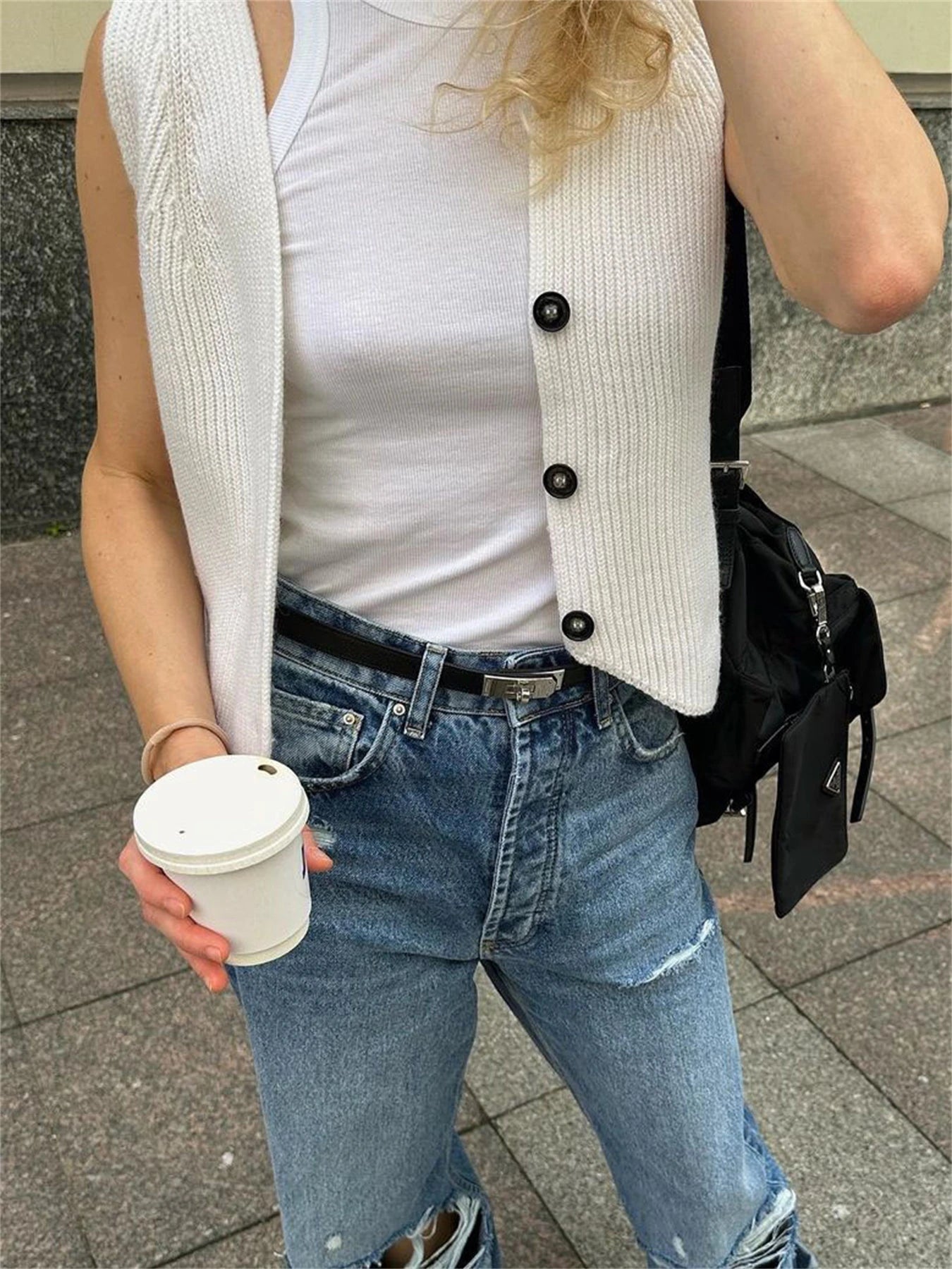 Tossy Knit Casual Ribbed Vest Cardigan For Women Solid Slim V-Neck Sleeveless High Waist Outwear Female Loose Knit Vest Sweater