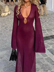 Ootddress Knit Hollow Out Autumn Dress Female See-Through V-Neck Backless Beach Holiday Casual Maxi Dress Knitwear Women’s Dress New