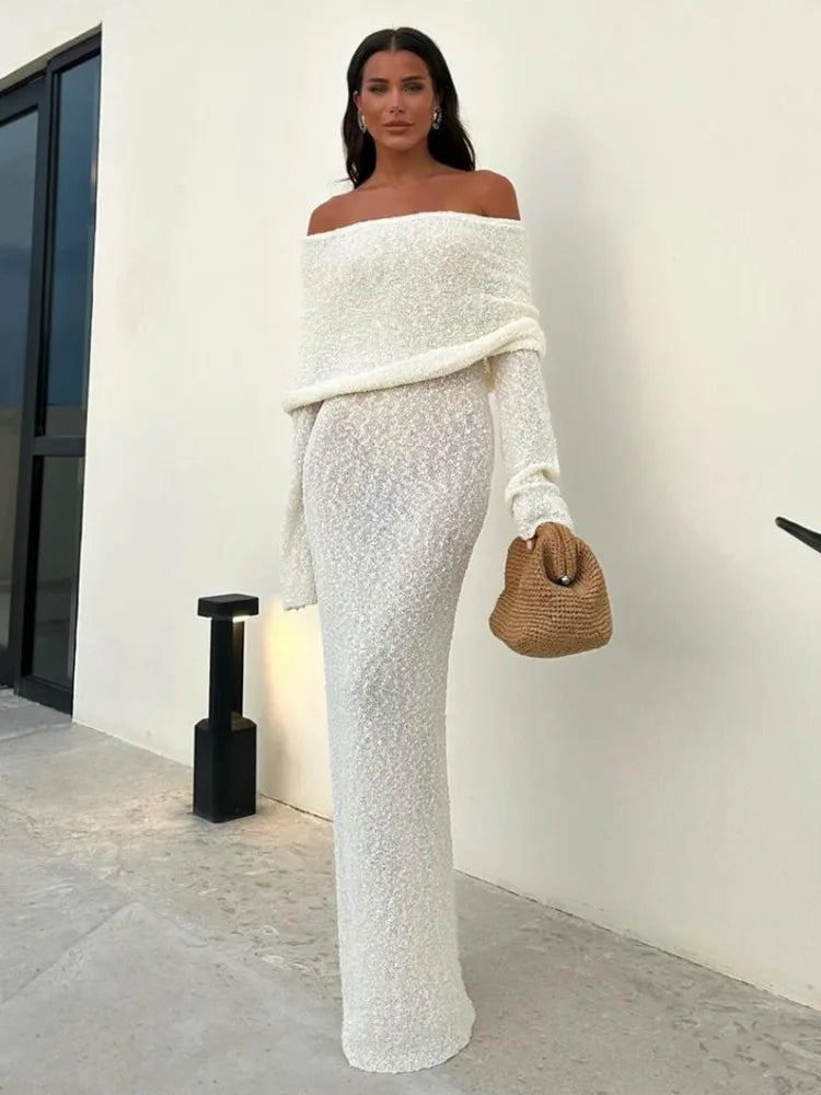 Tossy Knit Hollow Out Off-Shoulder Maxi Dress Female Cover up Loose Long Sleeve Holiday Beach Party Dress Women Knitwear Dress