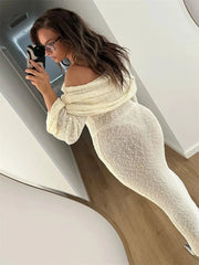 Tossy Knit Hollow Out Off-Shoulder Maxi Dress Female Cover up Loose Long Sleeve Holiday Beach Party Dress Women Knitwear Dress