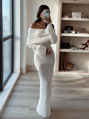 Tossy Knit Hollow Out Off-Shoulder Maxi Dress Female Cover up Loose Long Sleeve Holiday Beach Party Dress Women Knitwear Dress