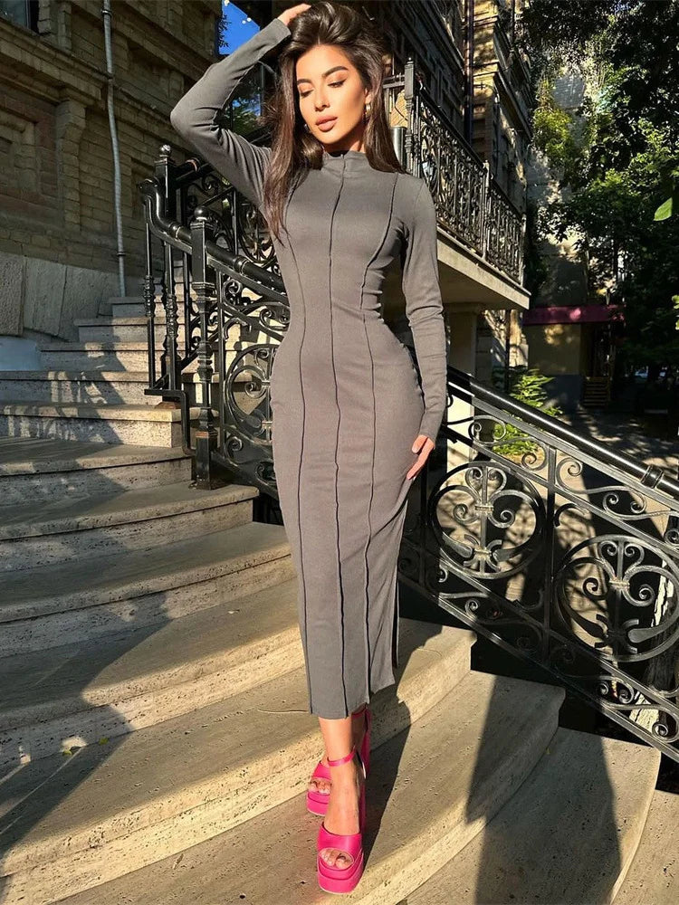 Tossy Knit Long Sleeve Patchwork Maxi Dress Female Slim Split Fashion Elegant Party Dress Streetwear Solid Women Long Dress 2023