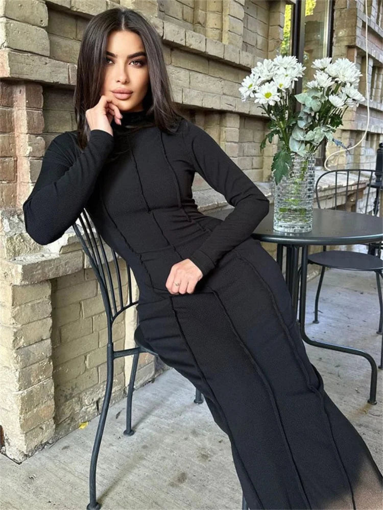 Tossy Knit Long Sleeve Patchwork Maxi Dress Female Slim Split Fashion Elegant Party Dress Streetwear Solid Women Long Dress 2023