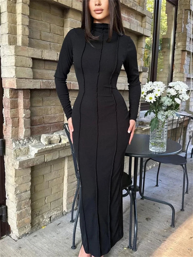 Tossy Knit Long Sleeve Patchwork Maxi Dress Female Slim Split Fashion Elegant Party Dress Streetwear Solid Women Long Dress 2023