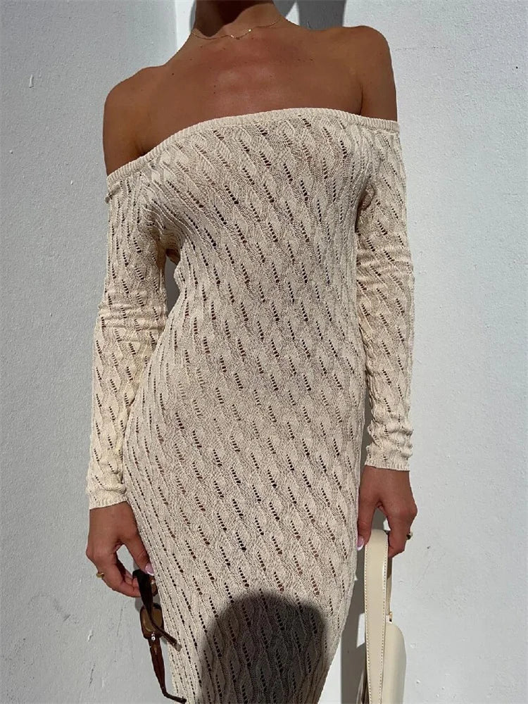 Tossy Knit Off-Shoulder Maxi Dress – Patchwork Fashion Hollow Out Knitwear Dress