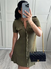 Knit Ribbed Pocket Mini Dress Female Short Sleeve Cardigan Patchwork Slim Solid Party Dress Women__ Knitwear Autumn Dress