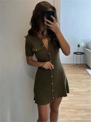 Knit Ribbed Pocket Mini Dress Female Short Sleeve Cardigan Patchwork Slim Solid Party Dress Women__ Knitwear Autumn Dress