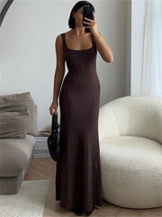 Tossy Knit Ribbed Slim Maxi Dress Female Backless Scoop Neck Fashion Elegant Party Looks Long Dress Patchwork Knitwear Dress