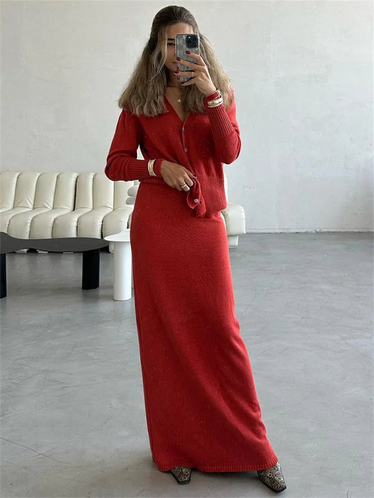 Tossy Knit Solid 2 Piece-Set Maxi Skirt For Women Slim V-Neck Fashion Long Sleeve Cardigan And Long Skirt Sets Ladies Outfits