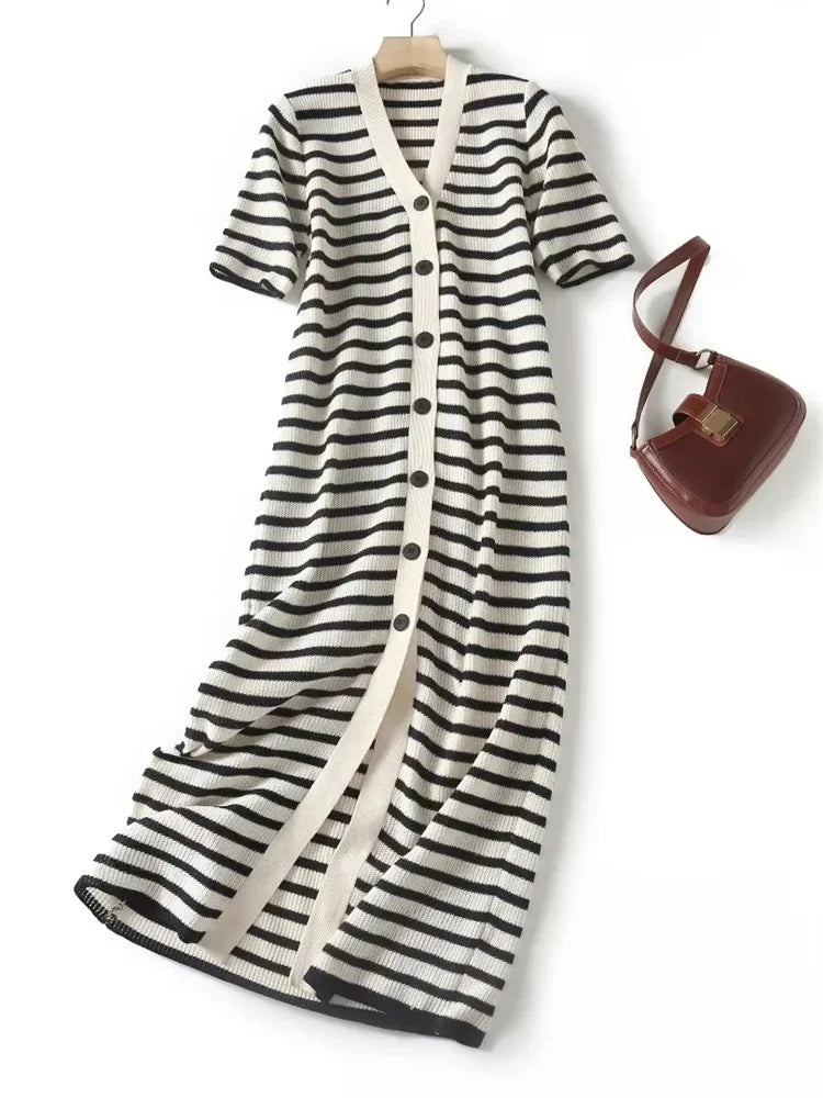 Tossy Knit Striped V-Neck Long Dress Women’s Short Sleeve Elegant Cardigan Party Maxi Dress