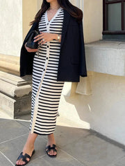 Tossy Knit Striped V-Neck Long Dress Women’s Short Sleeve Elegant Cardigan Party Maxi Dress