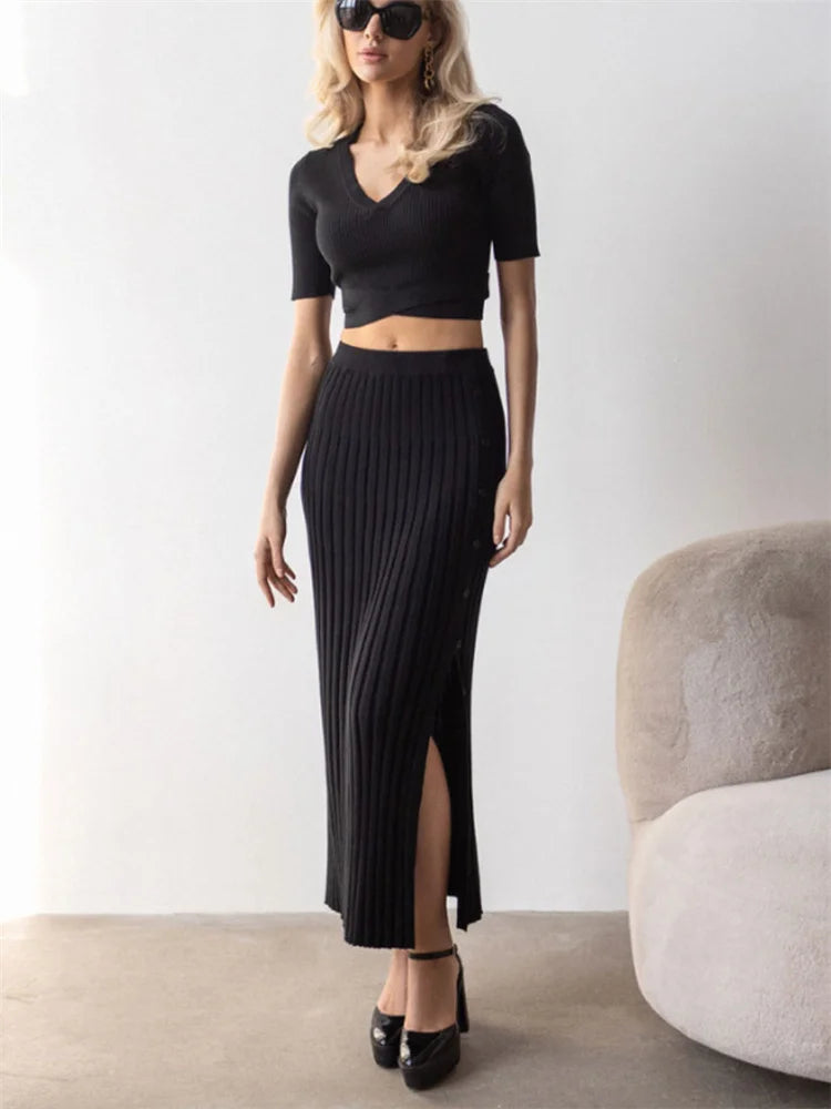 Tossy Knit Summer White Two Piece Women Fashion Holiday Elegant Party Maxi Skirt Outfits High Split Knitwear Female Sets Skirt