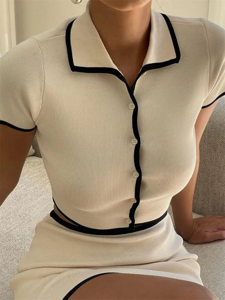 Tossy Knit Sweater 2 Piece-Set Women Lapel Cropped Short Sleeve Cardigan And Mini Skirt Sets Female Knitwear Short Skirt Outfits