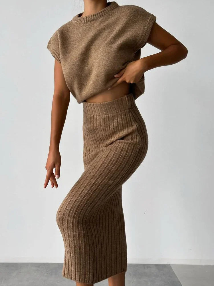 Tossy Knit Sweater 2 Piece-Set Women Loose Ribbed Sleeveless Pullover And High Waist Long Skirt Outfits Knitwear Women’s Sets