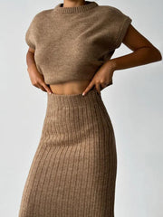 Tossy Knit Sweater 2 Piece-Set Women Loose Ribbed Sleeveless Pullover And High Waist Long Skirt Outfits Knitwear Women’s Sets