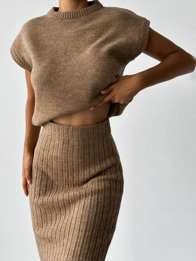 Tossy Knit Sweater 2 Piece-Set Women Loose Ribbed Sleeveless Pullover And High Waist Long Skirt Outfits Knitwear Women’s Sets