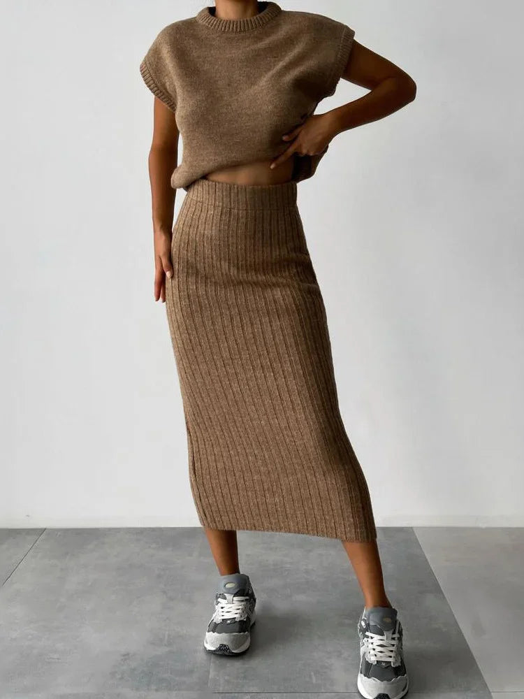 Tossy Knit Sweater 2 Piece-Set Women Loose Ribbed Sleeveless Pullover And High Waist Long Skirt Outfits Knitwear Women’s Sets