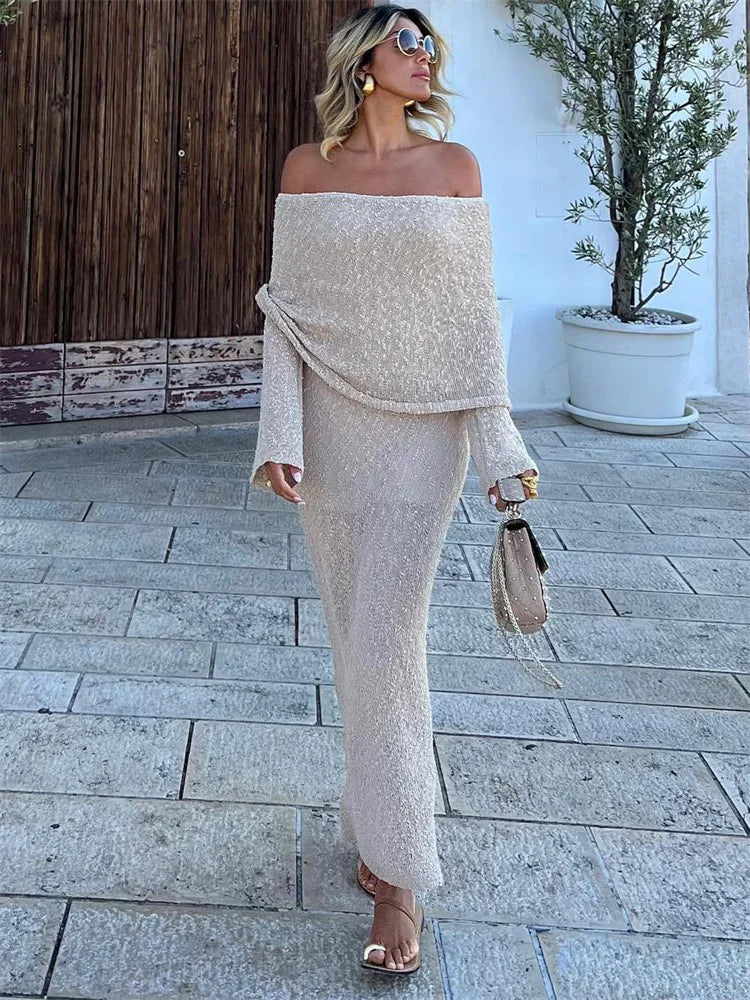 Tossy Knit Sweater Loose Maxi Dress Female Hollow Out Summer Patchwork High Waist Beach Holiday Dress Knitwear Long Dress 2024