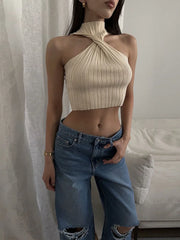 Ootddress Knit Sweater Pullover Women Ribbed Twist Off-Shoulder Slim Summer Patchwork High Waist Tank Top Knitwear Female Y2k Top