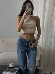 Ootddress Knit Sweater Pullover Women Ribbed Twist Off-Shoulder Slim Summer Patchwork High Waist Tank Top Knitwear Female Y2k Top