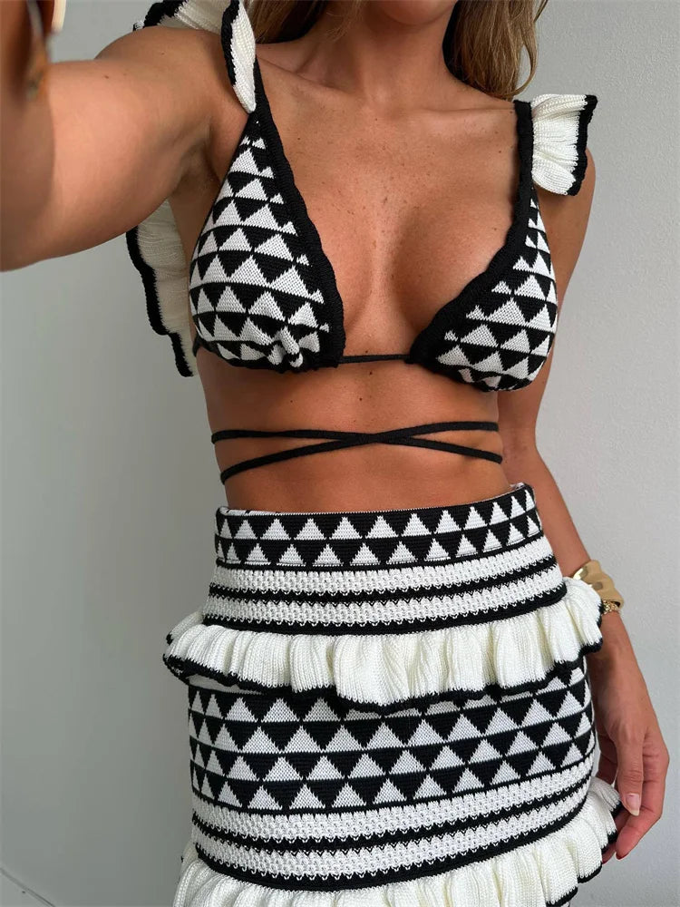 Tossy Knit Zebra Printed Striped Maxi Skirt Sets Female Ruffled Bikini Top 2 Piece-Set Fashion Outfits Knitwear Long Skirt Sets