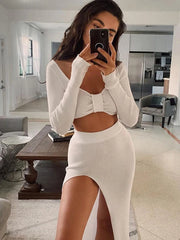 Tossy Knitted Two Piece Dress Women Outfits Long Sleeve Crop Top and Midi Skirt High Split Out Dress Set Female Bodycon White