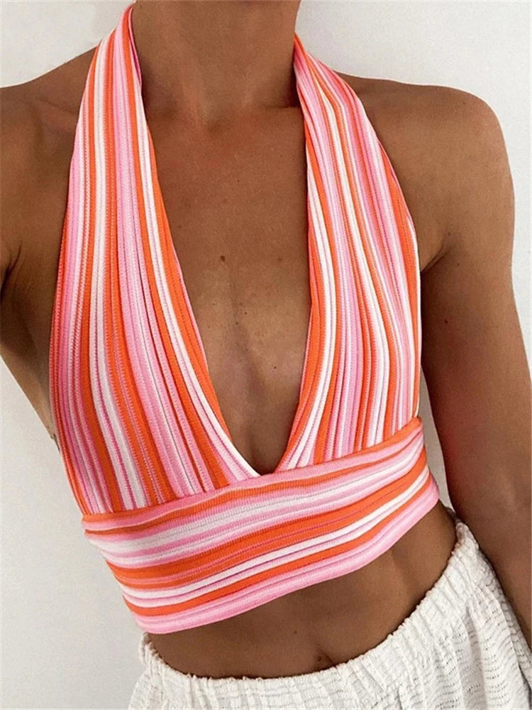 Tossy Knitted V Neck Bandage Halter Tops For Women Backless Sexy Tanks Tops Y2K Cropped Summer Fashion Camisole Party Clubwear