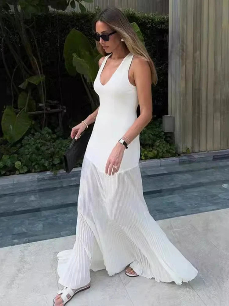 Tossy Knitted V-neck Elegant Long Dress Sexy Sleeveless Slim Stitching Folds Beach Vacation Female White Dress Knitwear Outfits