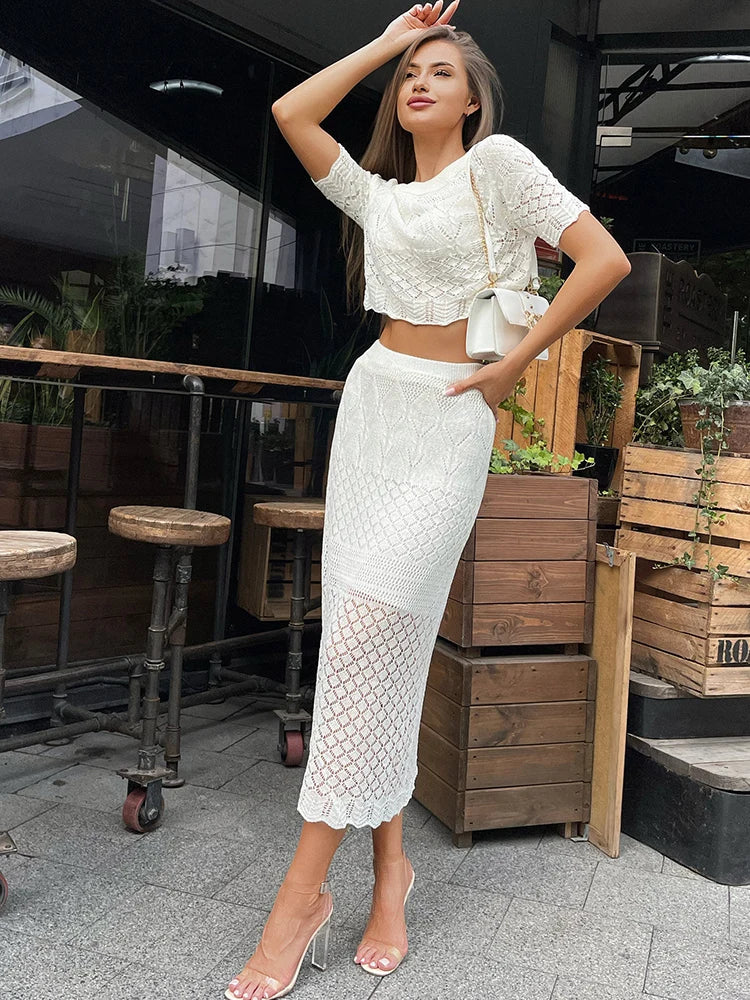 Tossy Knitted White Short Sleeve T-shirt Skirt Set Hollow See Through High Waisted Sexy Slim Fit Hip Wrap Two Piece Sets Women