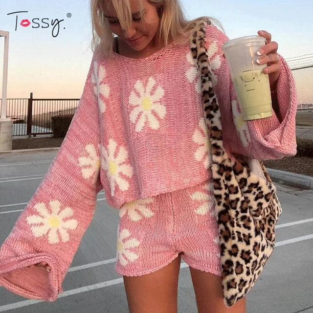 Tossy Knitted Women’s 2 Piece Sets Outfits Casual Pink Floral Sweet Oversized Sweater Suit With Shorts For Women 2022 Tracksuit