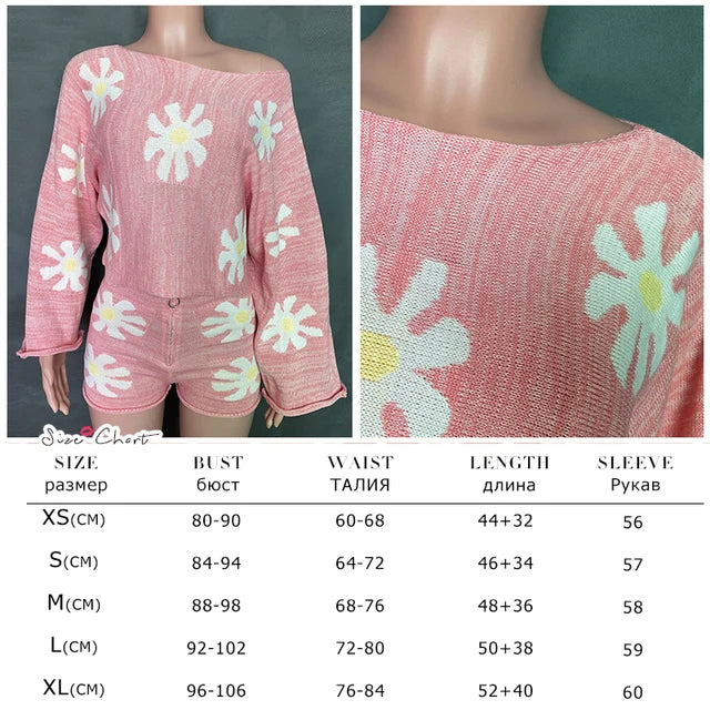 Tossy Knitted Women’s 2 Piece Sets Outfits Casual Pink Floral Sweet Oversized Sweater Suit With Shorts For Women 2022 Tracksuit