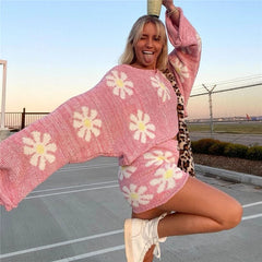 Tossy Knitted Women’s 2 Piece Sets Outfits Casual Pink Floral Sweet Oversized Sweater Suit With Shorts For Women 2022 Tracksuit