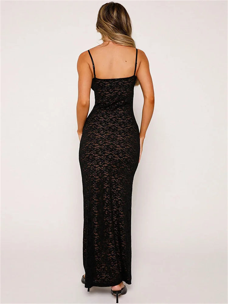 Tossy Lace Hollow Out Backless Maxi Dress Slim V-Neck See-Through High Street Summer Elegant Party Dress Fashion Slim Dress 2023