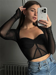 Tossy Lace See-Through Cropped Tops For Women Bustier Long Sleeve Slim Bodycon Mini Tops Bra Sexy Ladies Sheer Mesh Crop Top