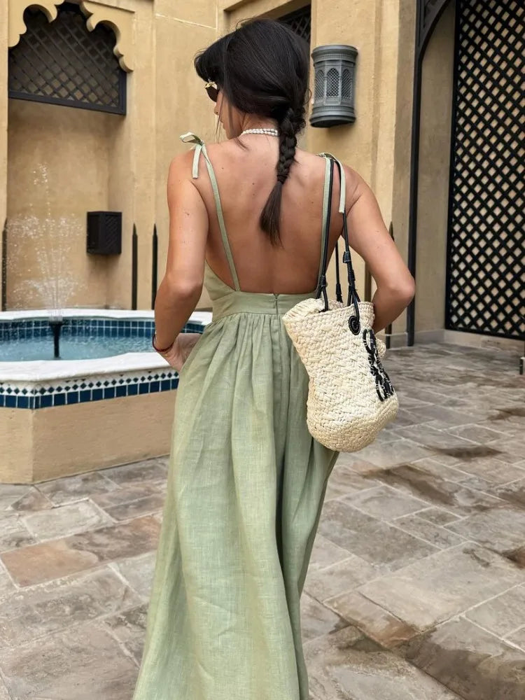 Tossy Lace-Up Backless Elegant Long Dress Female High Waist Solid Fashion Halter Dresses Holiday Beach Slim Bandage Maxi Dress