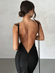 Tossy Lace-Up Pleated Slim Maxi Dress Female Black Fashion Hot Backless Halter Dresses Bandage Party Elegant Long Maxi Dress