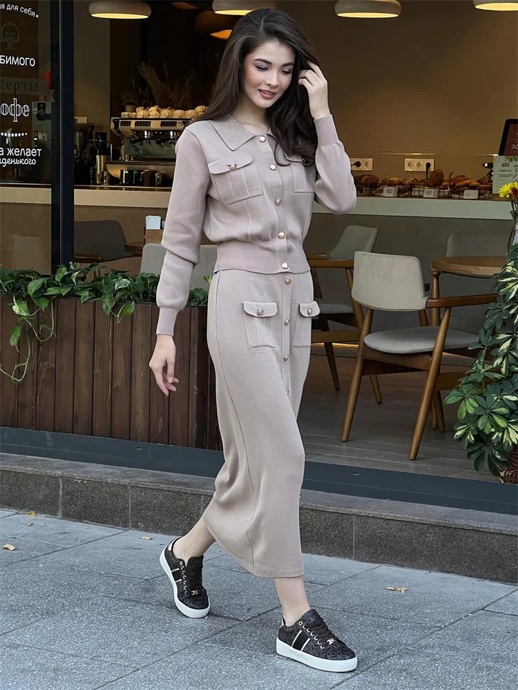 Tossy Lapel Knit 2 Piece-Set Long Skirt Women Fashion Patchwork Slim High Waist Outfits Streetwear Autumn Ladies Maxi Skirt Sets