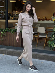 Tossy Lapel Knit 2 Piece-Set Long Skirt Women Fashion Patchwork Slim High Waist Outfits Streetwear Autumn Ladies Maxi Skirt Sets