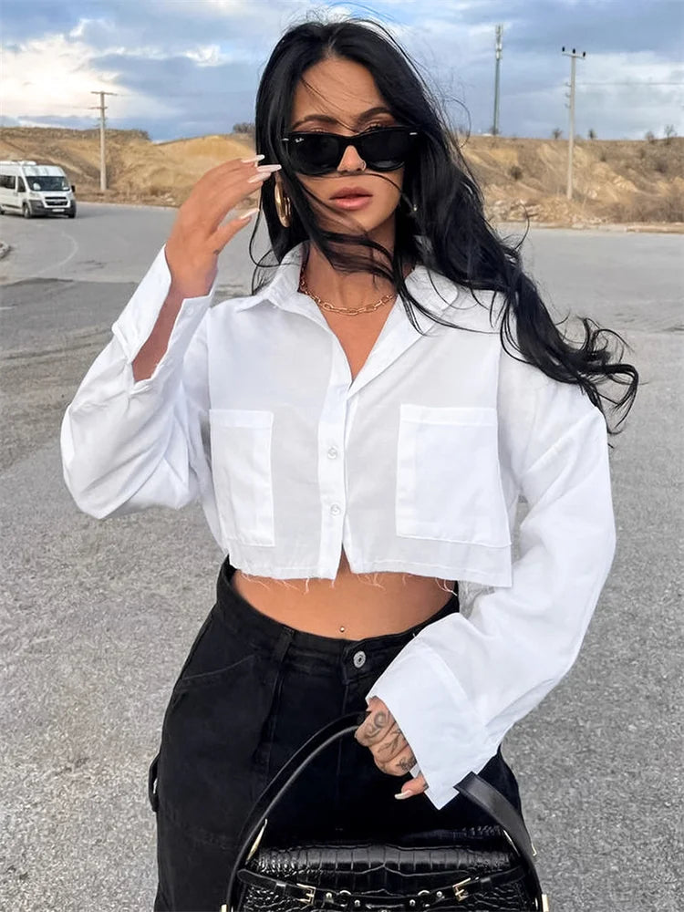 Tossy Lapel Pocket Casual Shirts For Women Long Sleeve Loose Patchwork Crop top Y2k Outfit Solid High Street Cardigan Blouse