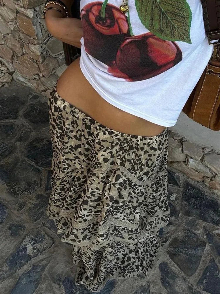 Tossy Leopard Printed Maxi Skirt Female Ruffled Patchwork Fashion Summer 2024 High Waist Bandage Party Looks Women Long Skirt