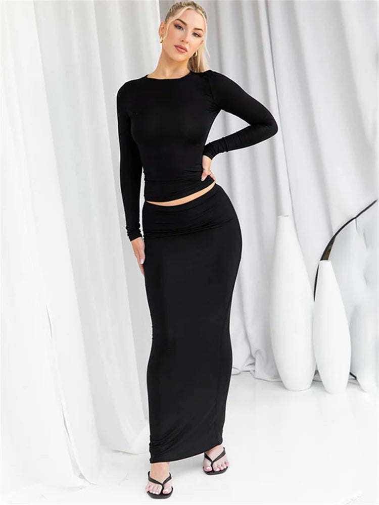 Tossy Long Sleeve Casual Female 2 Piece-Set Slim High Waist Long Skirt And Crop top Outfits Solid Patchwork Maxi Skirt Sets 2023