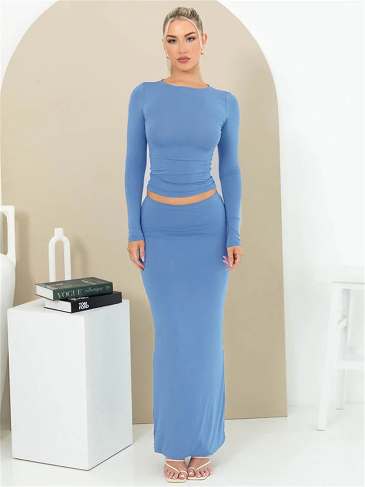 Tossy Long Sleeve Casual Female 2 Piece-Set Slim High Waist Long Skirt And Crop top Outfits Solid Patchwork Maxi Skirt Sets 2023