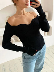 Tossy Long Sleeve Sweater 2022 Autumn Women Knit Ribbed Top Ladies Casual Knitted Tops Pullover Off-Shoulder Knitwear Black