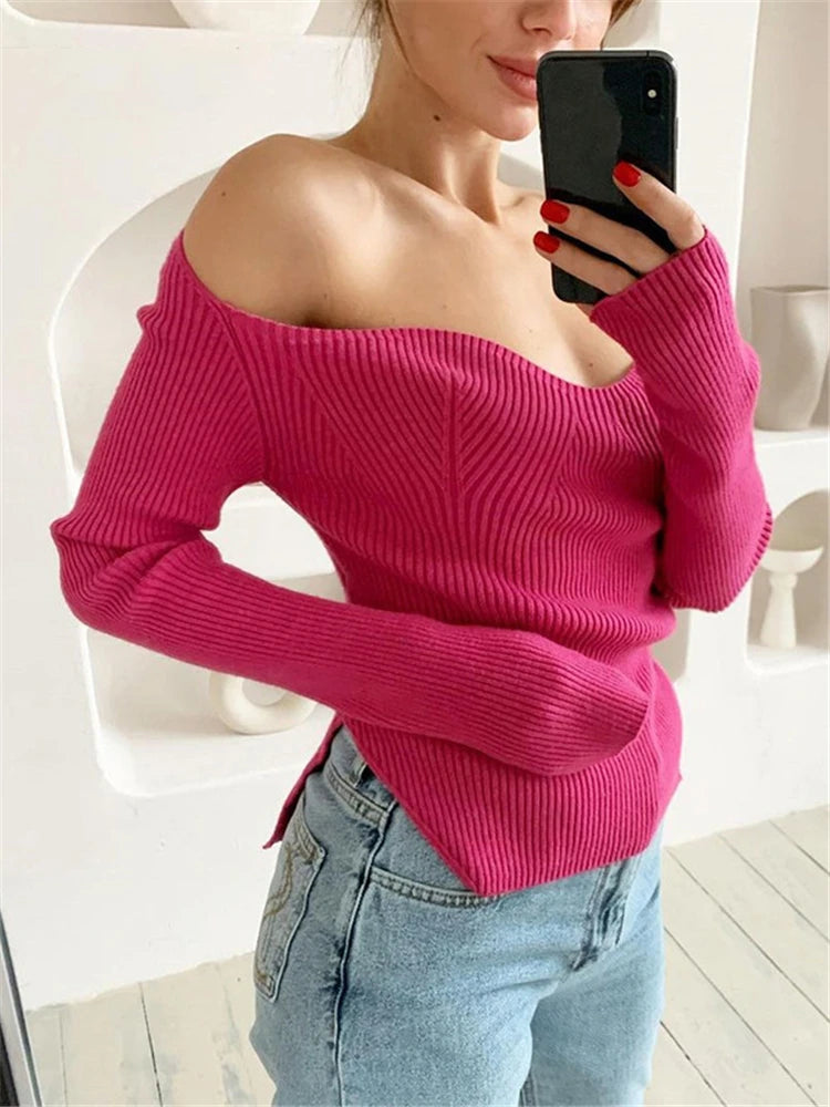 Tossy Long Sleeve Sweater 2022 Autumn Women Knit Ribbed Top Ladies Casual Knitted Tops Pullover Off-Shoulder Knitwear Black